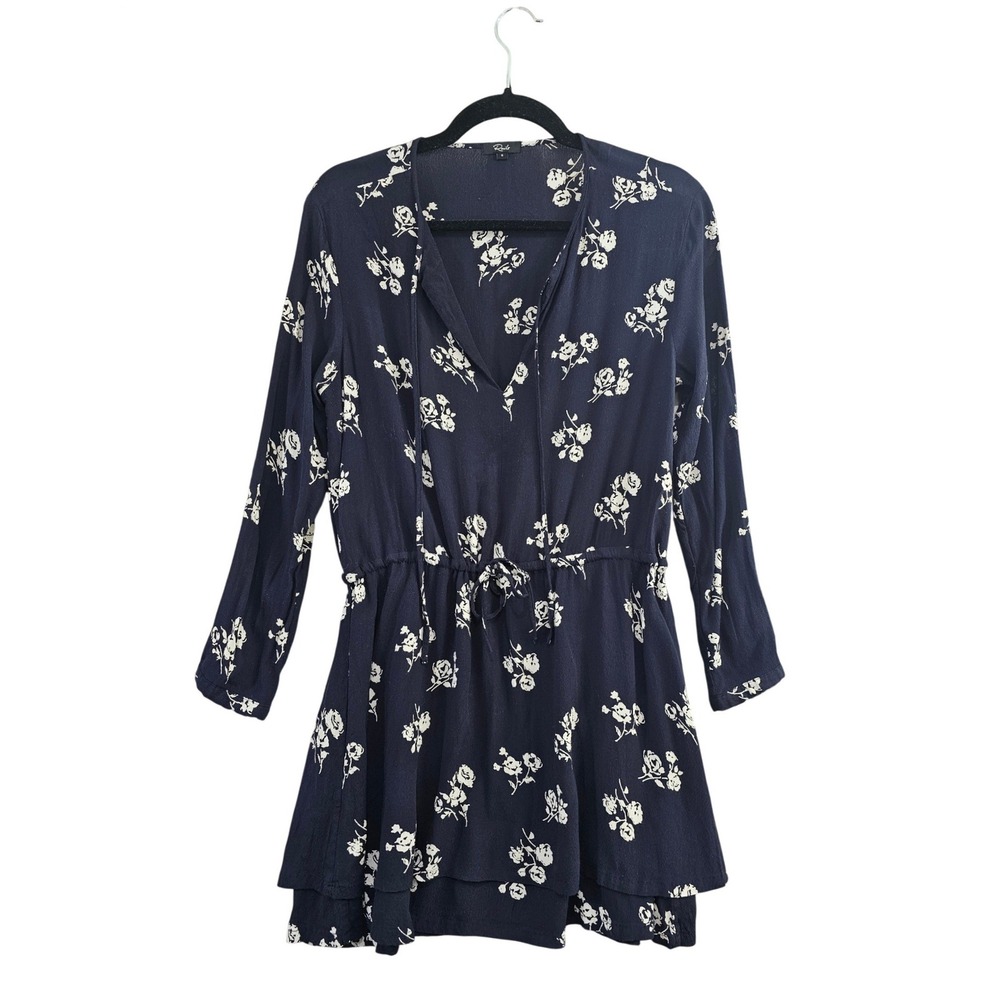 Rails Sonya Dress Women S Navy White Floral Long Sleeve V-Neck Mini tie waist
